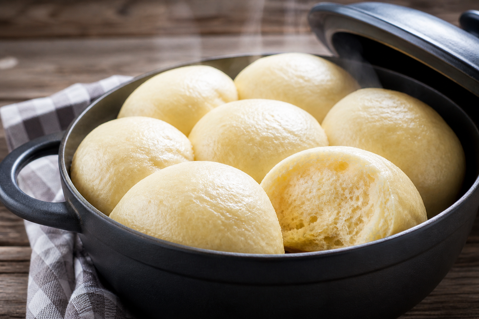 Ein mit KI erstelltes Foto von Dampfnudeln in einer Pfanne
