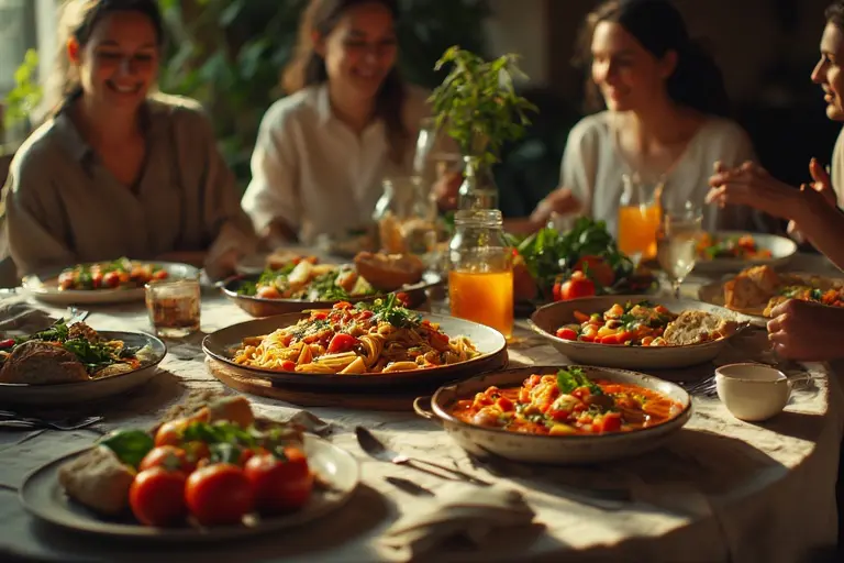 Eine Gruppe von Frauen an einem reich gedeckten Tisch