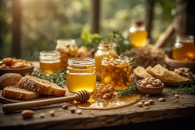 Ein Ki generiertes Foto von Honig auf einem rustikalen Tisch