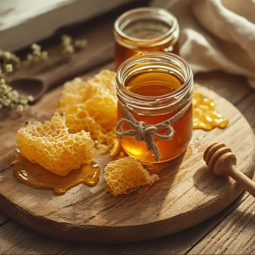 Honig Gläschen auf Holzbrett daneben Honigwaben | Bild mit KI generiert