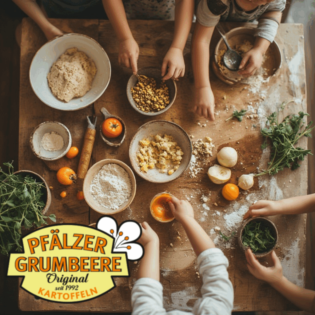 Natural Food Photography Showing A Cheerful Cooking Scene For Children Small Hands Preparing Simple Ingredients Like Vegetables, Dough Or Fruit On A Wooden Table. Soft Natural Daylight, Warm Color