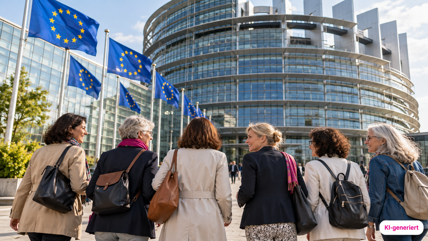 Sechs Frauen von hinten fotografiert - Hintergrund: EU-Fahnen und politisches Gebäude